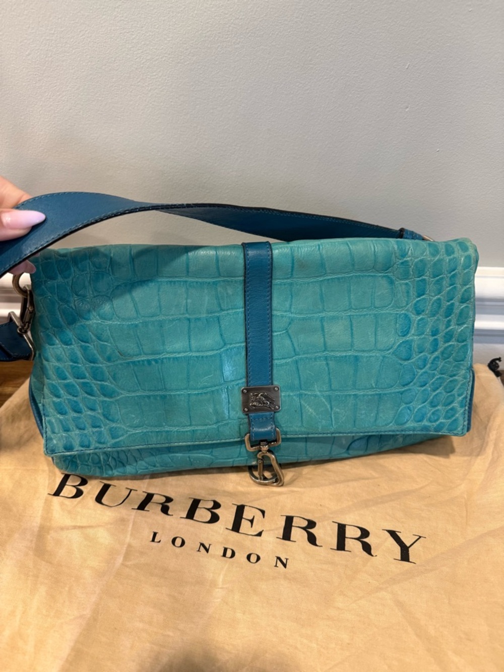 Burberry Blue-Green Croc-Embossed Leather Shoulder Bag